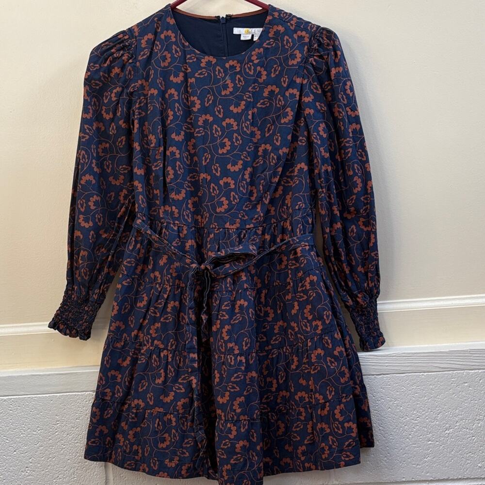 Boden women’s 4P Navy and brown long sleeve Floral print belted Dress